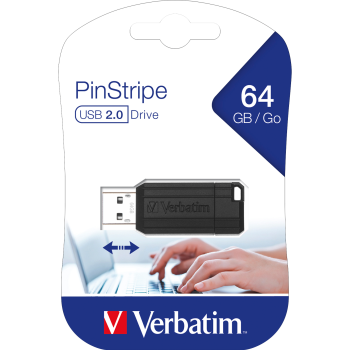 USB 2.0 Stick Verbatim, 64GB Speicher, PinStripe, Schiebemechanismus