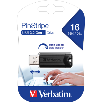 USB 3.2 Stick Verbatim, 16GB Speicher, PinStripe, Typ-A, Schiebemechanismus