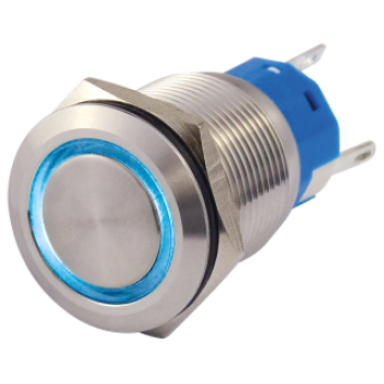 Vollmetallschalter mit Ringbeleuchtung, blau, 19mm-Ø, 250V, 5A, Lötanschluss