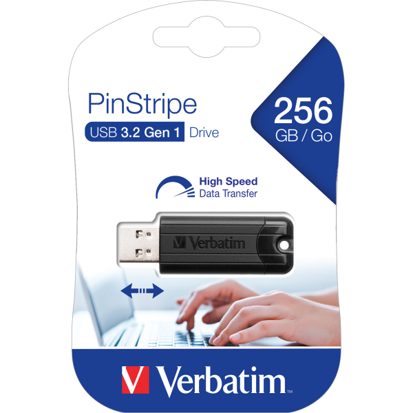 USB 3.2 Stick Verbatim, 256GB Speicher, PinStripe, Typ-A, Schiebemechanismus